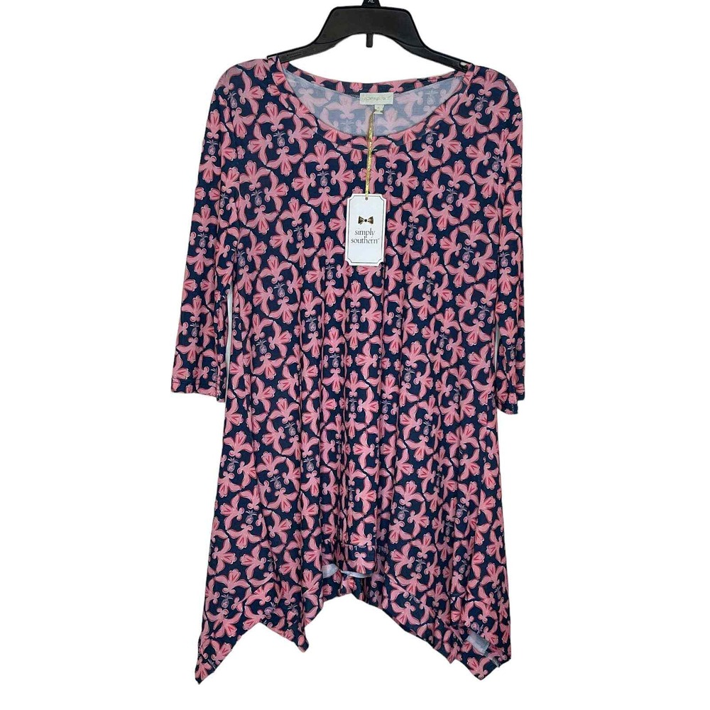 Simply Southern Women Tunic Top Asymmetrical Floral 3/4 Sleeve Pink Small‎ NWT